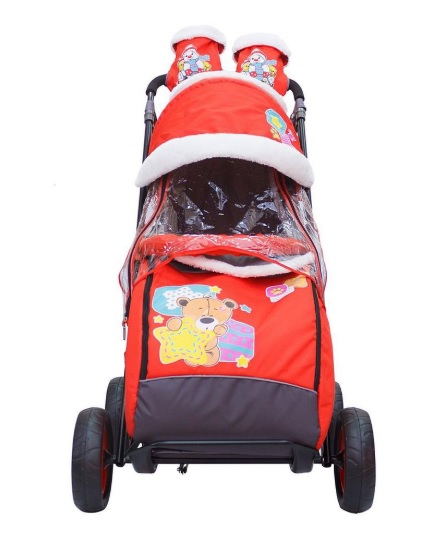 Санки-коляска Snow Galaxy City-2, дизайн - Мишка со звездой на красном, на больших колёсах Ева, сумка и варежки  